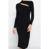 Women Fashion Stylish Midi Length Stand Collar Slim Cut Out Detailed Fitted Body-Smoothing Flexible Knitted Dress