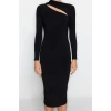 Women Fashion Stylish Midi Length Stand Collar Slim Cut Out Detailed Fitted Body-Smoothing Flexible Knitted Dress