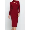 Women Fashion Stylish Midi Length Stand Collar Slim Cut Out Detailed Fitted Body-Smoothing Flexible Knitted Dress