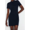 Kadın Moda Şık Mini Boy Dik Yaka Regular A Kesim Çan Form Selanik Triko Görünümlü Örme Elbise