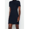 Kadın Moda Şık Mini Boy Dik Yaka Regular A Kesim Çan Form Selanik Triko Görünümlü Örme Elbise