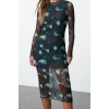 Women Fashion Stylish Midi Length Stand Collar Slim Indigo Printed Tulle Lined Bodycon Knitted Dress
