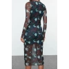 Women Fashion Stylish Midi Length Stand Collar Slim Indigo Printed Tulle Lined Bodycon Knitted Dress