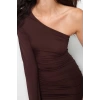 Kadın Moda Şık Midi Boy Asimetrik Yaka Slim Tek Kol Büzgülü Vücuda Oturan Örme Elbise