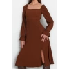 Women Fashion Stylish Midi Length Square Neck Flared Crepe Textured Slit Knitted Dress