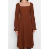 Women Fashion Stylish Midi Length Square Neck Flared Crepe Textured Slit Knitted Dress