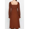 Women Fashion Stylish Midi Length Square Neck Flared Crepe Textured Slit Knitted Dress