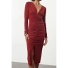 Women Fashion Stylish Midi Length V Neck Slim Plain Gathered Draped Fitted Body-Smooth Flexible Knitted Dress