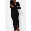 Women Fashion Stylish Midi Length V Neck Slim Plain Gathered Draped Fitted Body-Smooth Flexible Knitted Dress