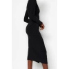 Women Fashion Stylish Midi Length V Neck Slim Plain Gathered Draped Fitted Body-Smooth Flexible Knitted Dress