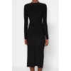 Women Fashion Stylish Midi Length V Neck Slim Plain Gathered Draped Fitted Body-Smooth Flexible Knitted Dress