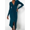 Women Fashion Stylish Midi Length V Neck Slim Plain Gathered Draped Fitted Body-Smooth Flexible Knitted Dress