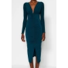 Women Fashion Stylish Midi Length V Neck Slim Plain Gathered Draped Fitted Body-Smooth Flexible Knitted Dress