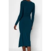 Women Fashion Stylish Midi Length V Neck Slim Plain Gathered Draped Fitted Body-Smooth Flexible Knitted Dress