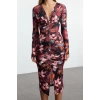 Women Fashion Stylish Midi Length V Neck Slim Plain Gathered Draped Fitted Body-Smooth Flexible Knitted Dress