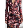 Women Fashion Stylish Midi Length V Neck Slim Plain Gathered Draped Fitted Body-Smooth Flexible Knitted Dress
