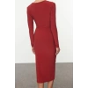 Women Fashion Stylish Midi Length V Neck Slim Plain Gathered Draped Fitted Body-Smooth Flexible Knitted Dress