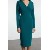 Women Fashion Stylish Midi Length Double Breasted Slim Plain Batwing Sleeve Detailed Fitted Flexible Knitted Dress
