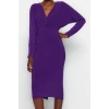 Women Fashion Stylish Midi Length Double Breasted Slim Plain Batwing Sleeve Detailed Fitted Flexible Knitted Dress