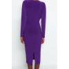 Women Fashion Stylish Midi Length Double Breasted Slim Plain Batwing Sleeve Detailed Fitted Flexible Knitted Dress