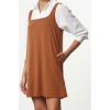 Kadın Moda Şık Mini Boy Kare Yaka Relaxed Açık kahverengi Jile Skater Belden Açılan Örme Elbise