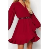 Women Fashion Stylish Mini Length Double Breasted Regular Belted Woven Flounce Dress