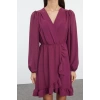 Women Fashion Stylish Mini Length Double Breasted Regular Belted Woven Flounce Dress