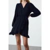 Women Fashion Stylish Mini Length Double Breasted Regular Belted Woven Flounce Dress