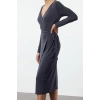 Kadın Moda Şık Midi Boy Kruvaze Regular Yaka Kuşaklı Fitted Vücuda Oturan Örme Elbise