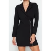 Kadın Moda Şık Mini Boy Ceket Yaka Fitted Fermuar Detaylı Dokuma Elbise