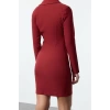 Kadın Moda Şık Mini Boy Ceket Yaka Fitted Fermuar Detaylı Dokuma Elbise