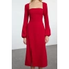 Women Fashion Stylish Midi Length Square Neck Regular Slit Woven Dress
