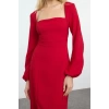 Women Fashion Stylish Midi Length Square Neck Regular Slit Woven Dress
