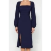 Women Fashion Stylish Midi Length Square Neck Regular Slit Woven Dress