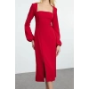 Women Fashion Stylish Midi Length Square Neck Regular Slit Woven Dress