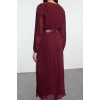 Kadın Moda Şık Midi Boy Kruvaze Regular Kemerli Düz Kemerli Dokuma Elbise
