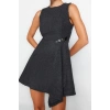 Kadın Moda Şık Mini Boy Bisiklet Yaka Regular A Kesim Eteği Asimetrik Dokuma Elbise