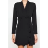 Women Fashion Stylish Mini Length Jacket Collar Regular Skirt Ruffle Woven Jacket Dress