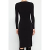 Kadın Moda Şık Midi Boy Kare Yaka Slim Büzgülü Vücuda Oturan Esnek Örme Elbise