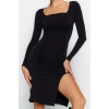 Kadın Moda Şık Midi Boy Kare Yaka Slim Büzgülü Vücuda Oturan Esnek Örme Elbise