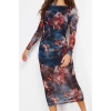 Women Fashion Stylish Midi Length Crew Neck Slim Printed Lined Bodycon Tulle Knitted Dress
