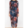 Women Fashion Stylish Midi Length Crew Neck Slim Printed Lined Bodycon Tulle Knitted Dress