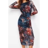 Women Fashion Stylish Midi Length Crew Neck Slim Printed Lined Bodycon Tulle Knitted Dress