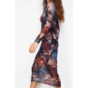 Women Fashion Stylish Midi Length Crew Neck Slim Printed Lined Bodycon Tulle Knitted Dress