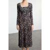 Women Fashion Stylish Maxi Length Square Neck Slim Leopard Print Flounce Fitted Stretchy Knitted Dress