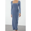 Women Fashion Stylish Maxi Length Square Neck Slim Leopard Print Flounce Fitted Stretchy Knitted Dress