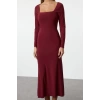 Women Fashion Stylish Maxi Length Square Neck Slim Leopard Print Flounce Fitted Stretchy Knitted Dress