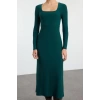 Women Fashion Stylish Maxi Length Square Neck Slim Leopard Print Flounce Fitted Stretchy Knitted Dress