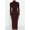 Kadın Moda Şık Maxi Boy Dik Yaka Slim Fitted Vücuda Oturan Esnek Örme Elbise