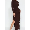 Kadın Moda Şık Midi Boy Bisiklet Yaka Regular Düz Eteği Volanlı Kayık Kaya Esnek Örme Örme Elbise